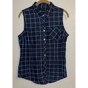 Guess Casual Button Up Shirt Women Size Med. Sleeveless Blue/White